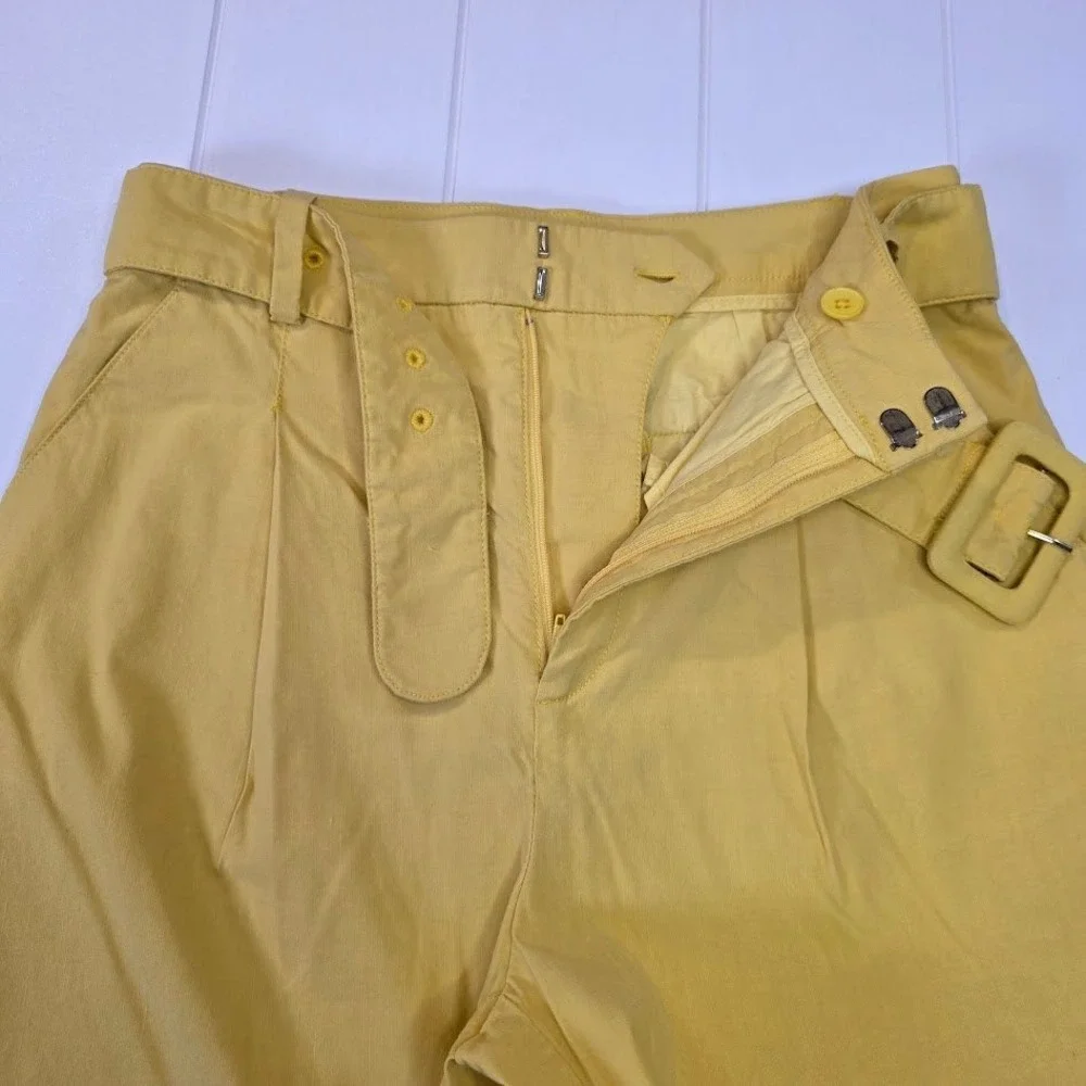 Anthropologie Women's 0 Wide Leg Cropped Pants Yellow Belted High Rise‎ Pleated